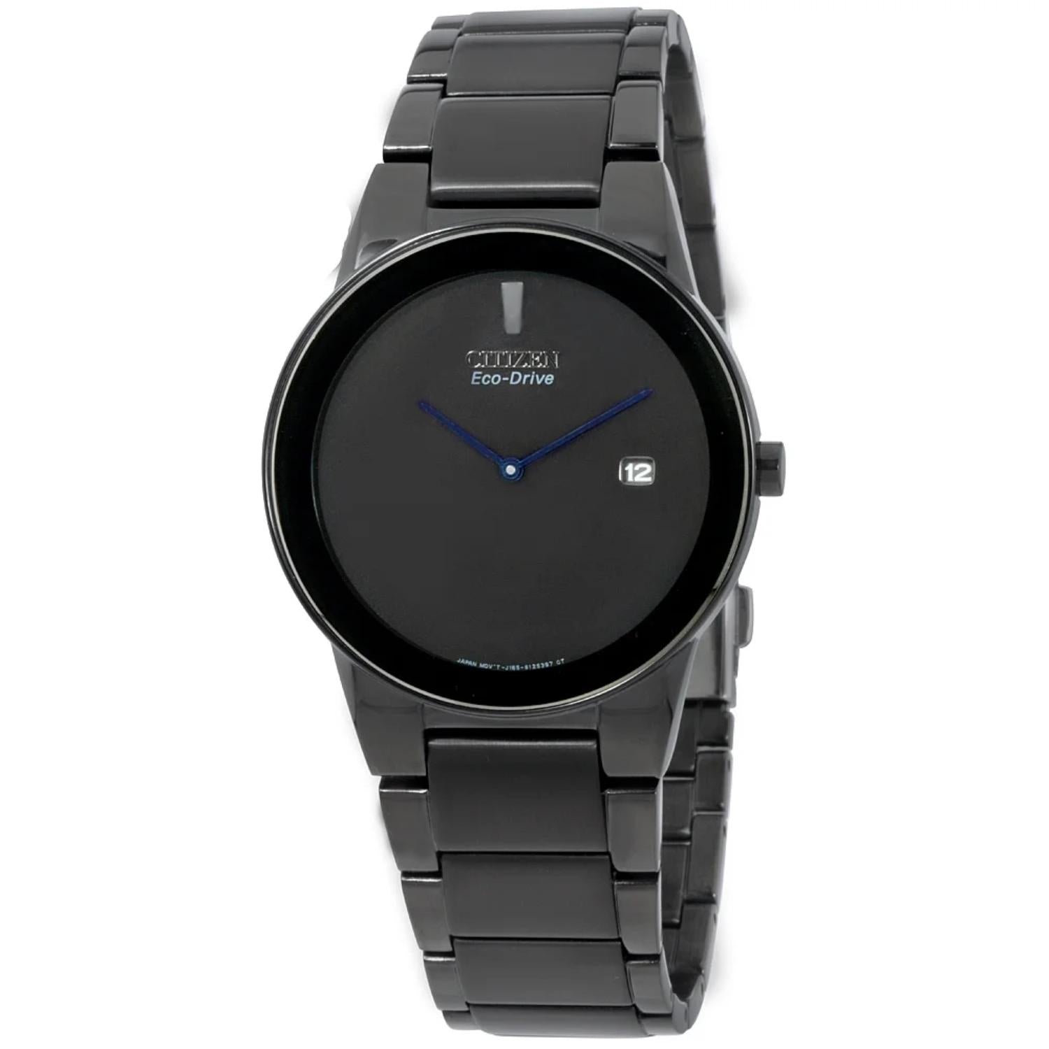 Citizen AU1065-58E mens dress watch with black minimalist dial, blue hands, date window and black stainless steel bracelet