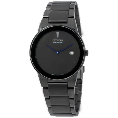 Citizen AU1065-58E mens dress watch with black minimalist dial, blue hands, date window and black stainless steel bracelet