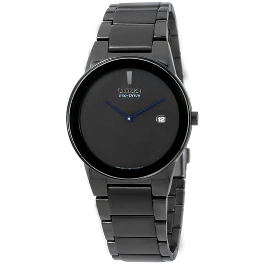 Citizen AU1065-58E mens dress watch with black minimalist dial, blue hands, date window and black stainless steel bracelet