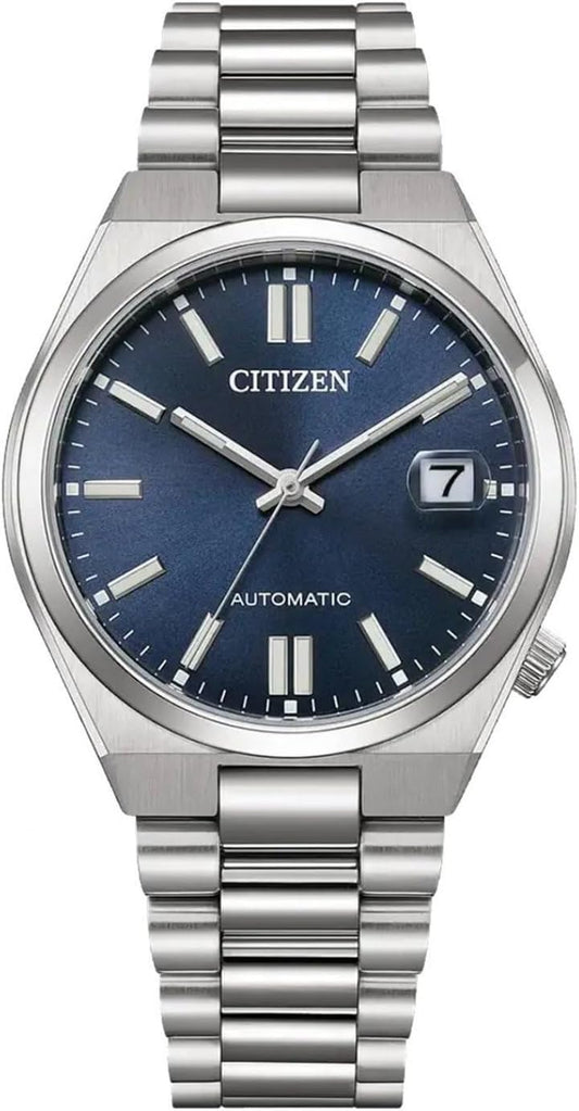 Reloj Citizen automático de acero con esfera azul y ventana de fecha mostrado en vista frontal.