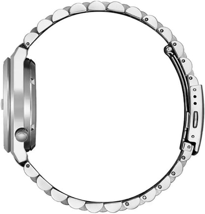 Reloj Citizen automático de acero mostrado en vista lateral, destacando el perfil de la caja y el brazalete metálico.