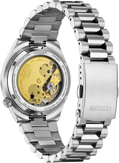 Reloj Citizen automático de acero mostrado en vista trasera con fondo transparente y movimiento mecánico visible.