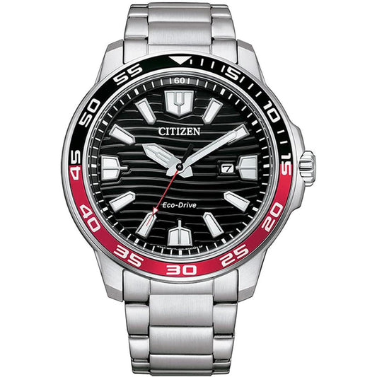 Reloj Citizen AW1527-86E Eco-Drive en acero plateado con esfera negra texturizada, bisel deportivo negro y rojo con números blancos y brazalete metálico de eslabones