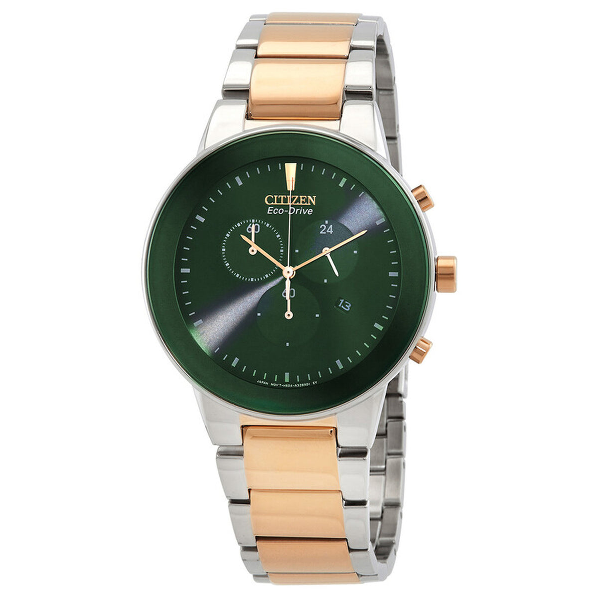 Citizen Axiom AT2244-84X with a green chronograph dial, slim silver-tone case, rose gold-tone crown and pushers, and a two-tone stainless steel bracelet.