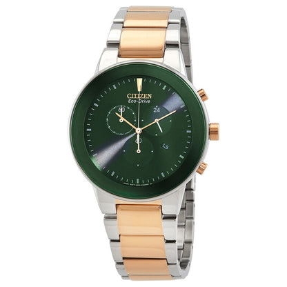 Citizen Axiom AT2244-84X with a green chronograph dial, slim silver-tone case, rose gold-tone crown and pushers, and a two-tone stainless steel bracelet.