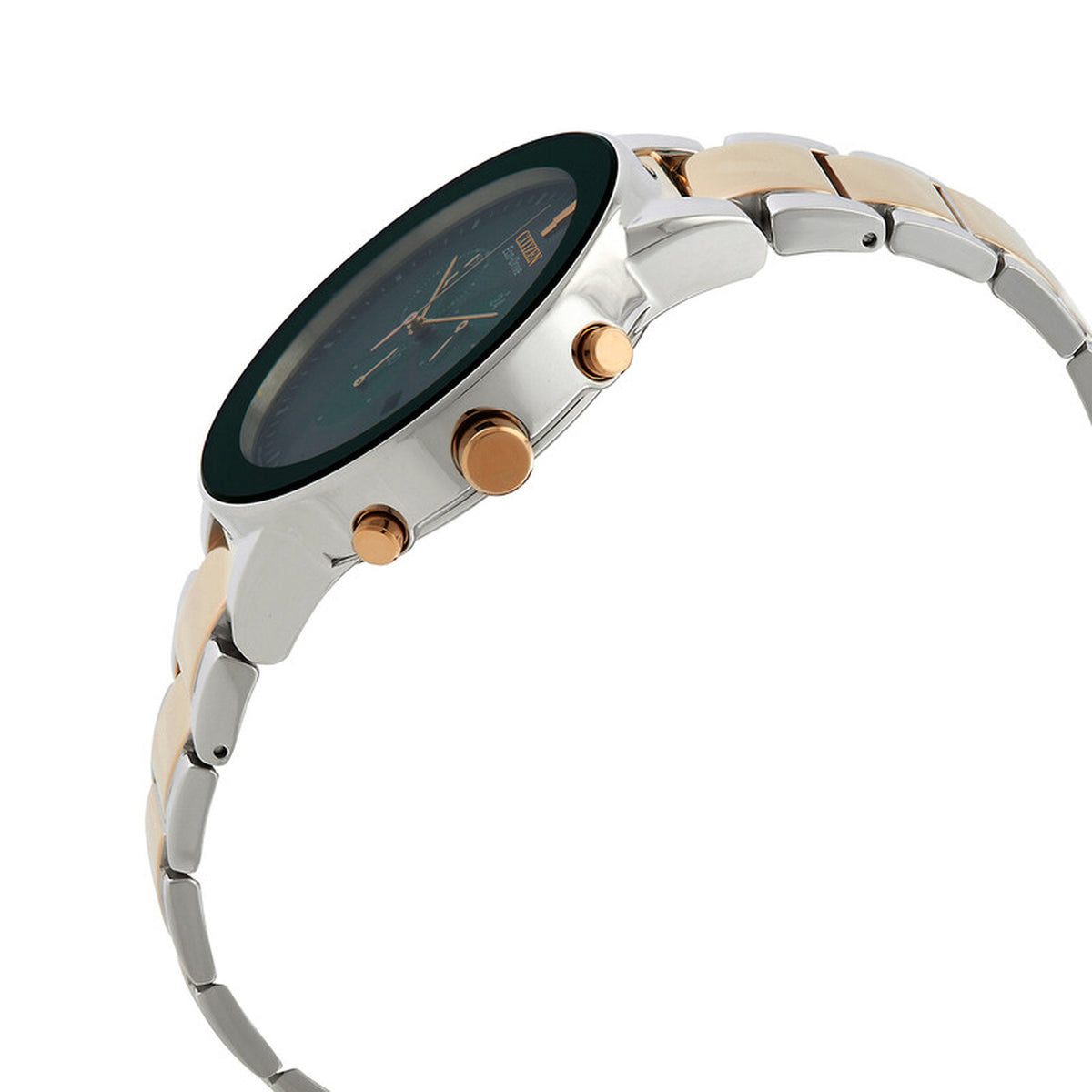 Citizen Axiom AT2244-84X with a slim silver-tone side profile, rose gold-tone crown and chronograph pushers, green dial edge, and two-tone bracelet.
