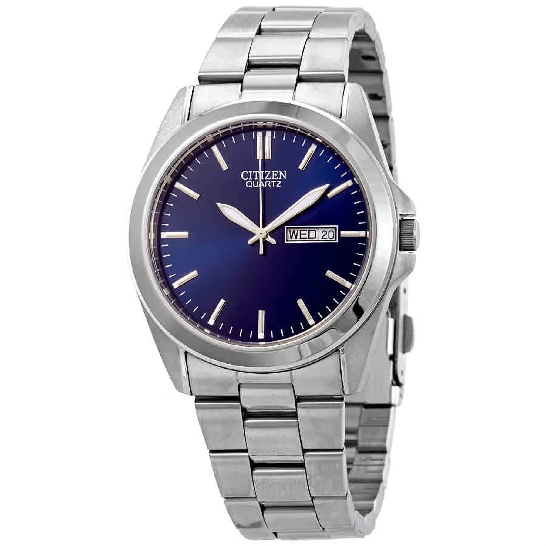 Citizen BF0580-57L quartz watch with blue dial, day and date display at 3 o’clock, stainless steel case and stainless steel bracelet.