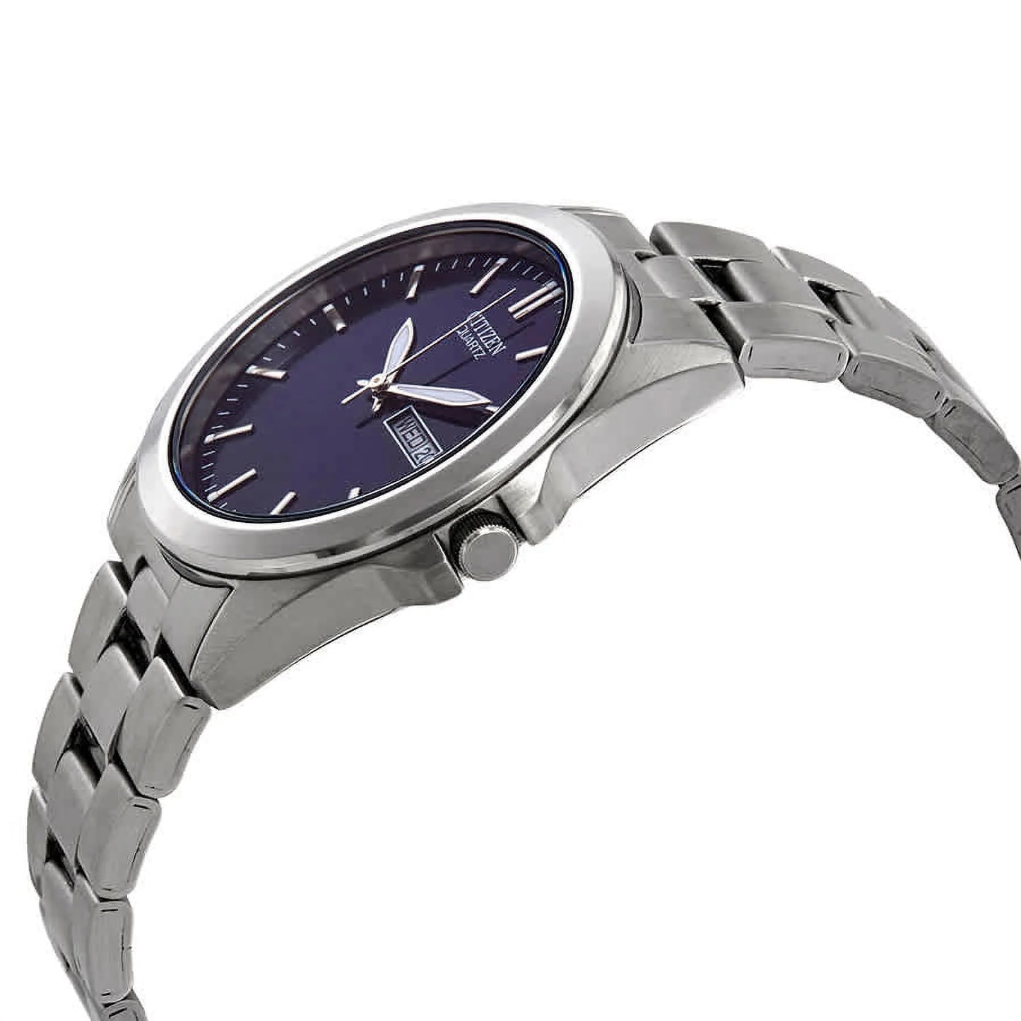 Citizen BF0580-57L side profile with blue dial, stainless steel case, crown and stainless steel bracelet.