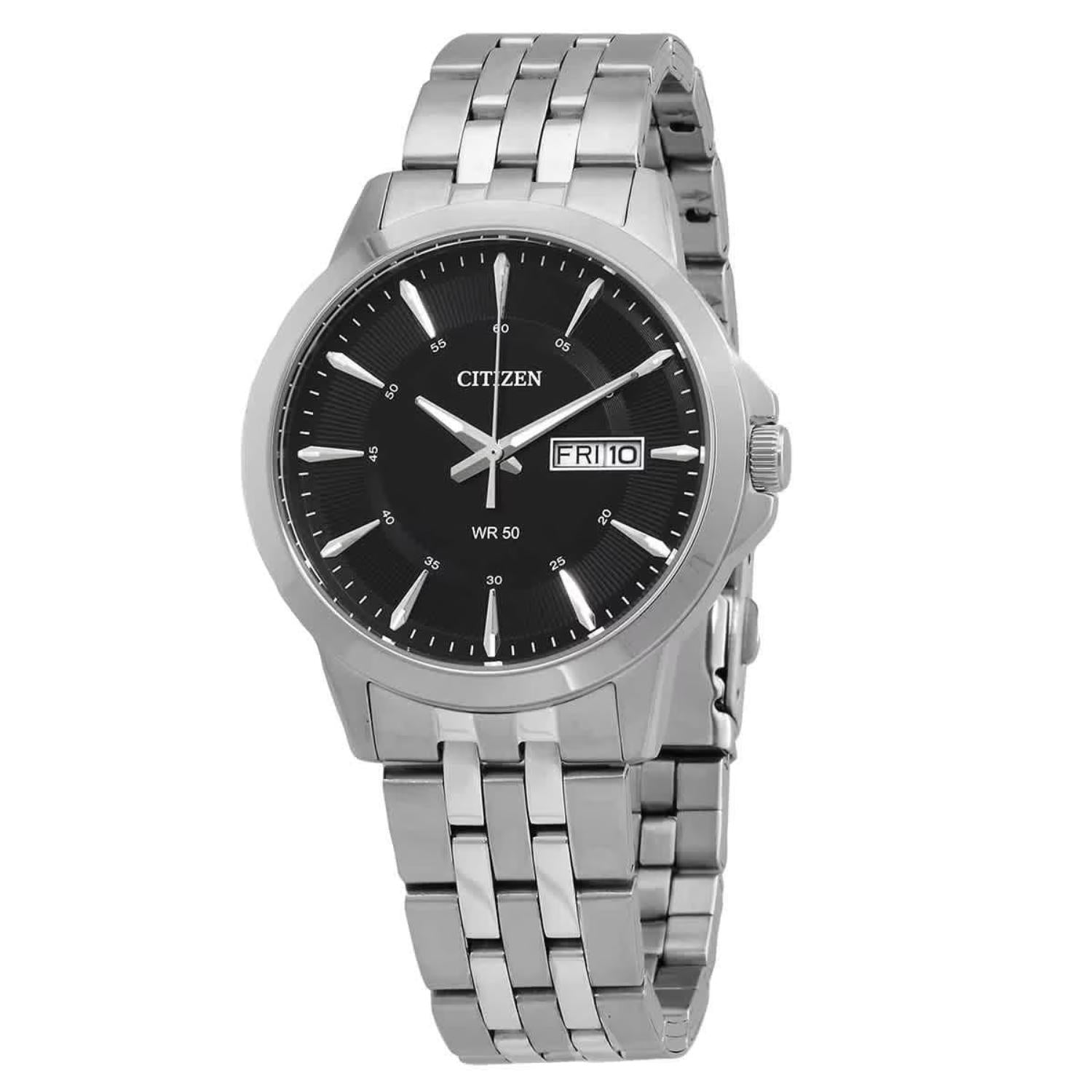 Reloj Citizen BF2011-51E con esfera negra, indicador de día y fecha y brazalete de acero inoxidable plateado.