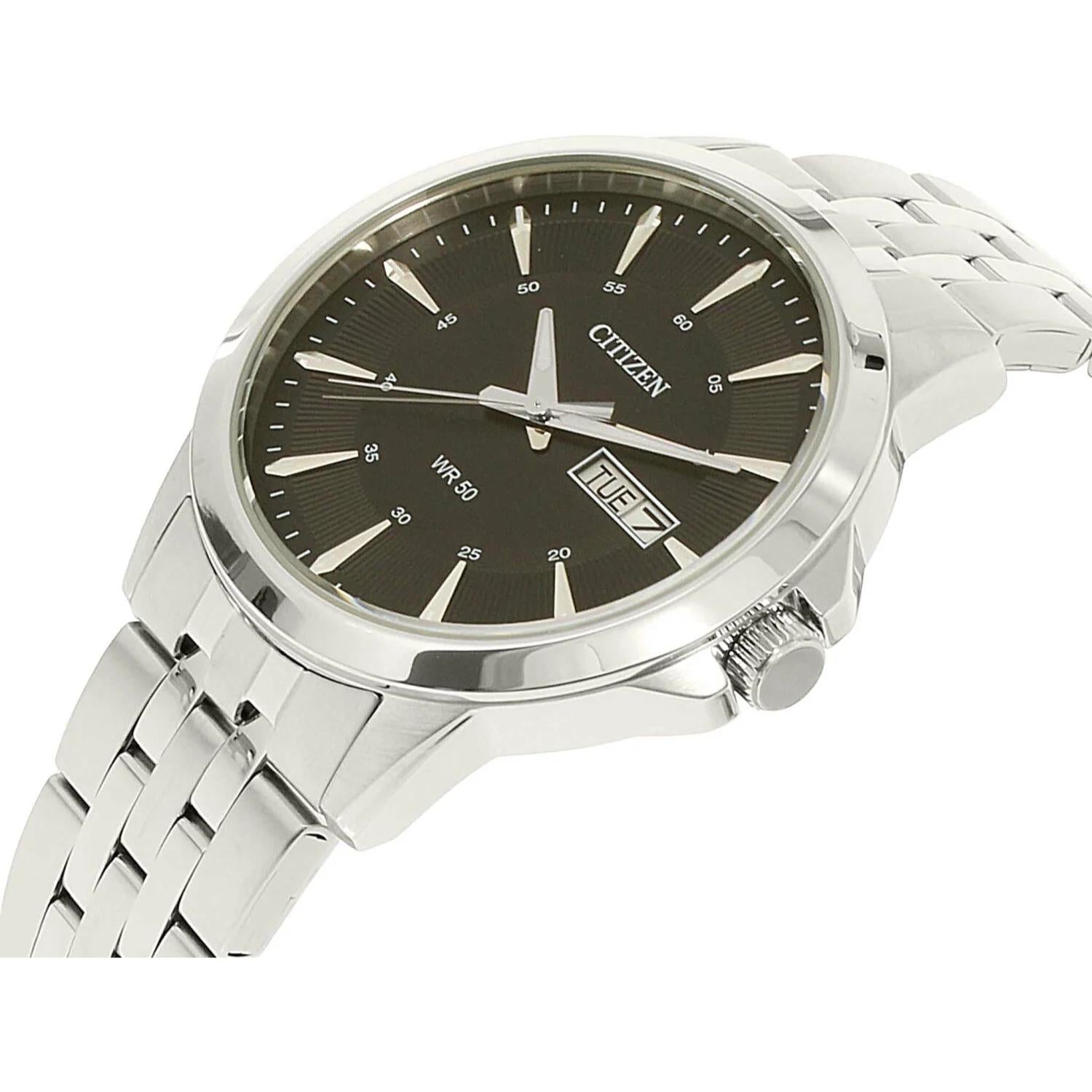 Citizen BF2011-51E quartz watch with black dial, day and date display, stainless steel case and stainless steel bracelet shown at an angle.