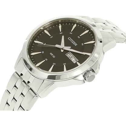 Citizen BF2011-51E quartz watch with black dial, day and date display, stainless steel case and stainless steel bracelet shown at an angle.