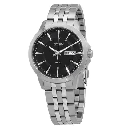 Citizen BF2011-51E quartz watch with black dial, day and date display at 3 o’clock, stainless steel case and stainless steel bracelet.