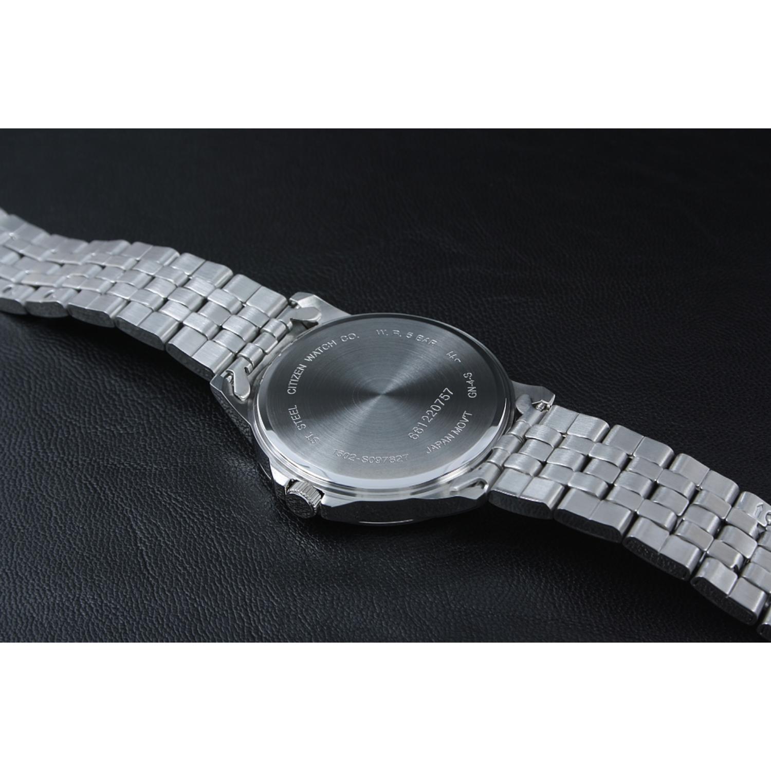 Citizen BF2011-51E with stainless steel caseback, stainless steel case and stainless steel bracelet shown at an angle.