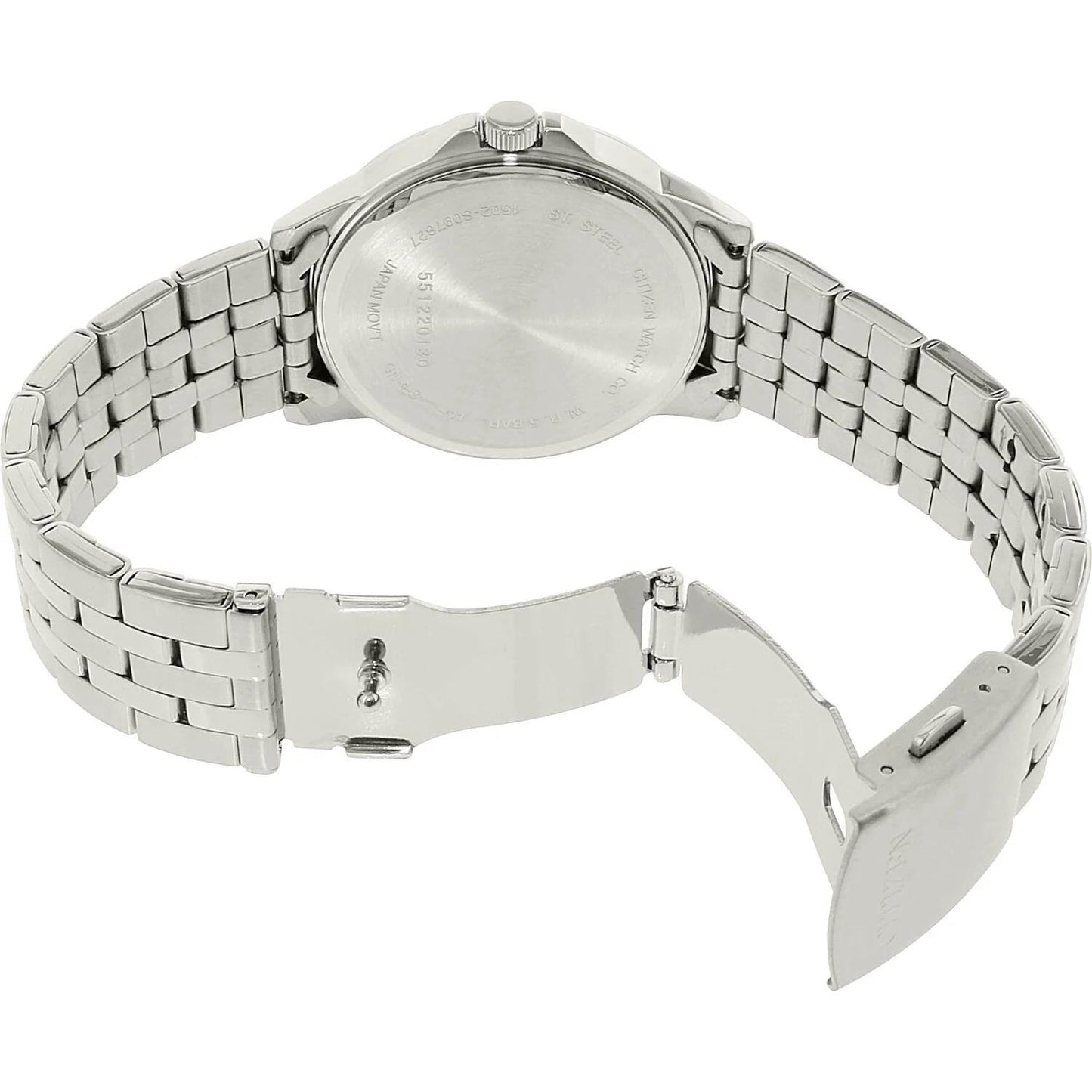 Citizen BF2011-51E with stainless steel caseback, stainless steel case and stainless steel bracelet with folding clasp.