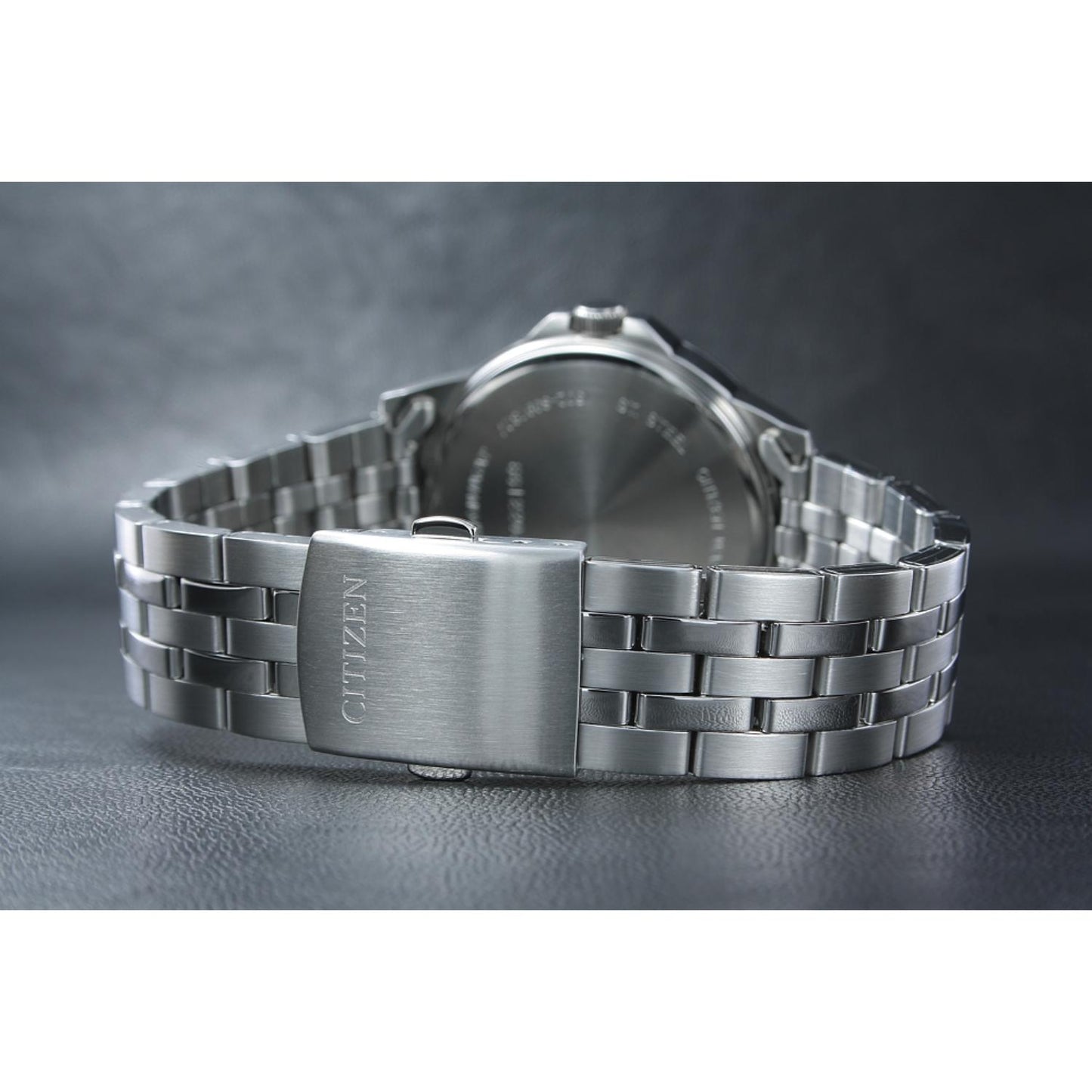 Citizen BF2011-51E stainless steel bracelet with signed Citizen clasp and multi-link design.