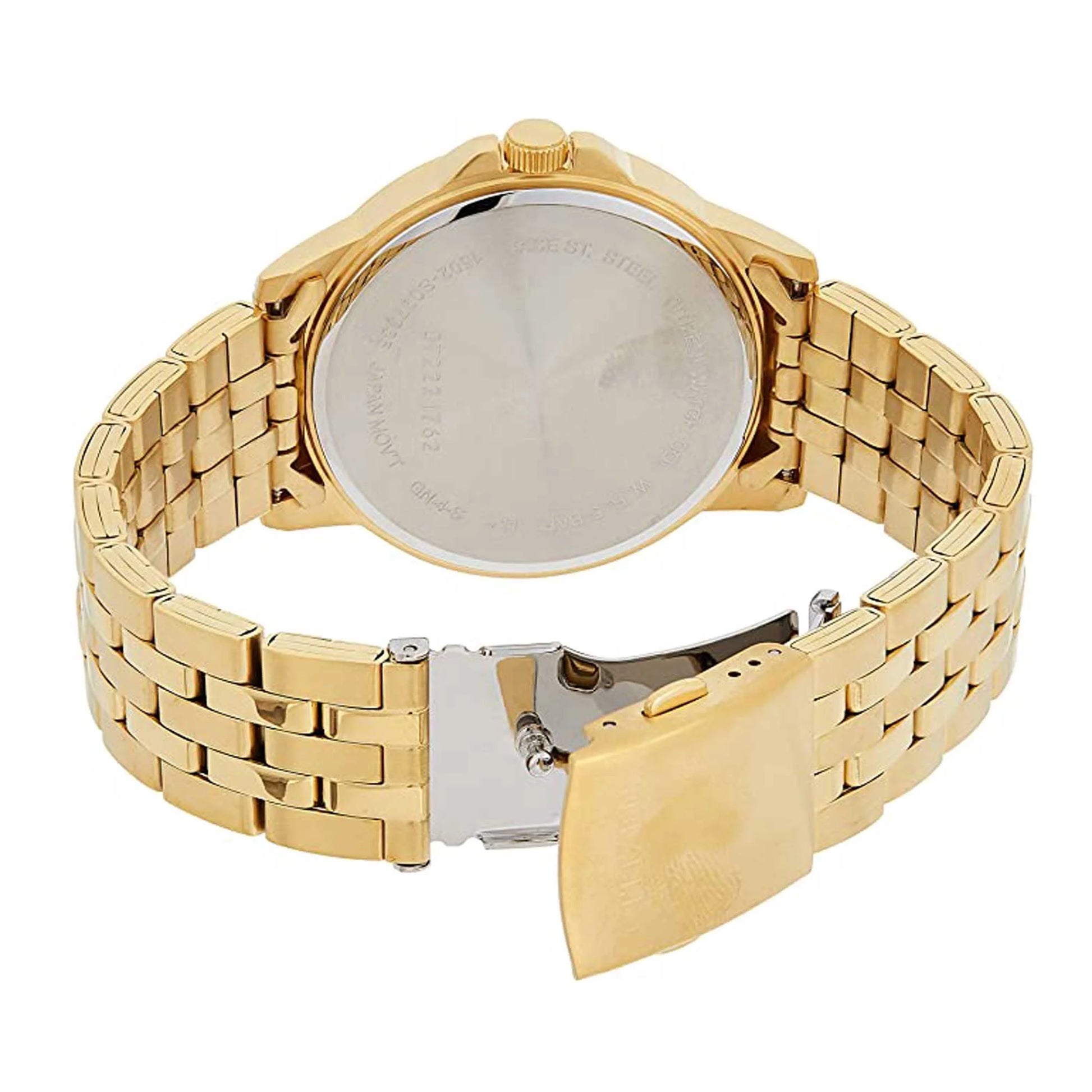 Citizen BF2013-56P with stainless steel caseback, gold-tone stainless steel case and gold-tone bracelet with folding clasp.