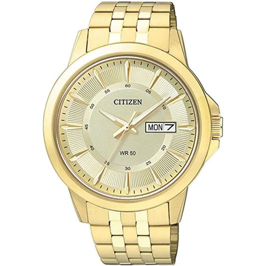 Reloj Citizen BF2013-56P en tono dorado con caja y brazalete metálico, esfera dorada con índices y agujas doradas y ventana de día y fecha a las 3