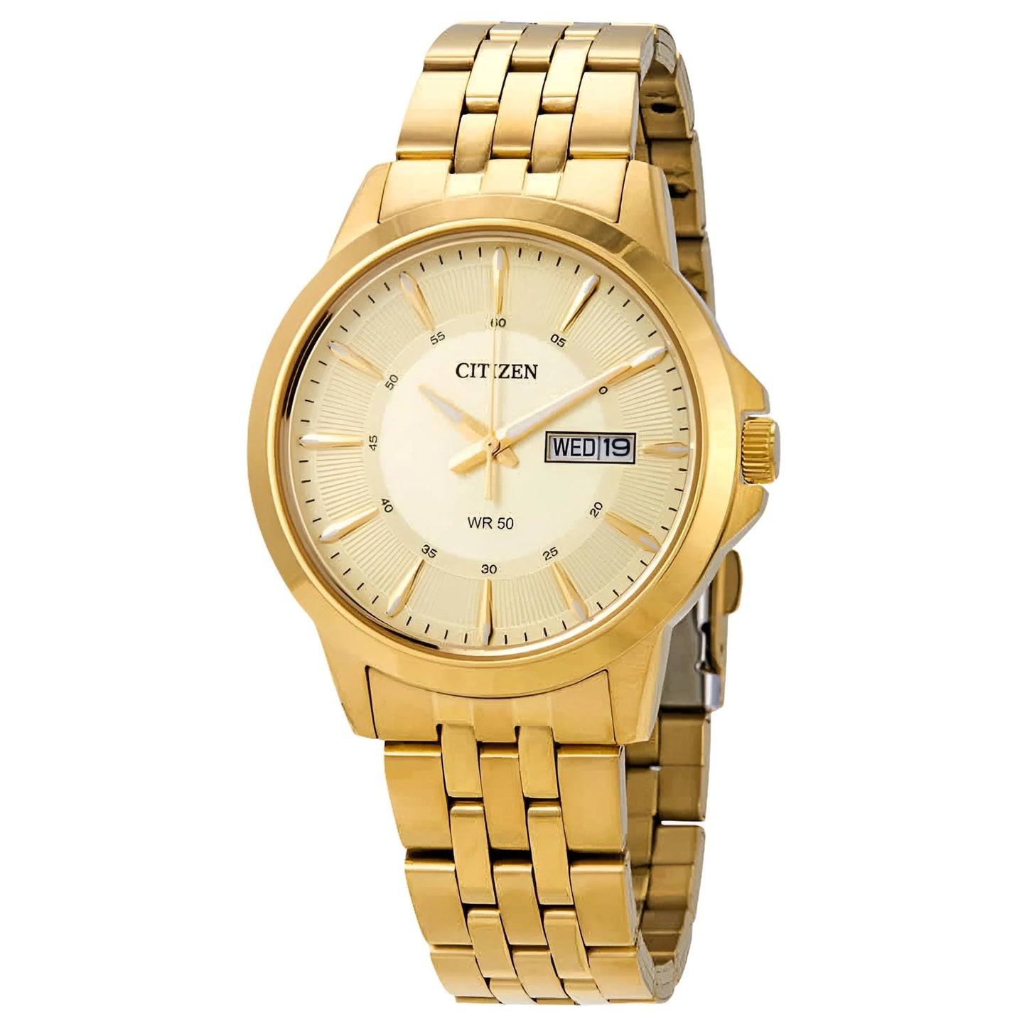 Citizen BF2013-56P dress watch with gold dial, day and date display at 3 o’clock, gold-tone stainless steel case and gold-tone bracelet.