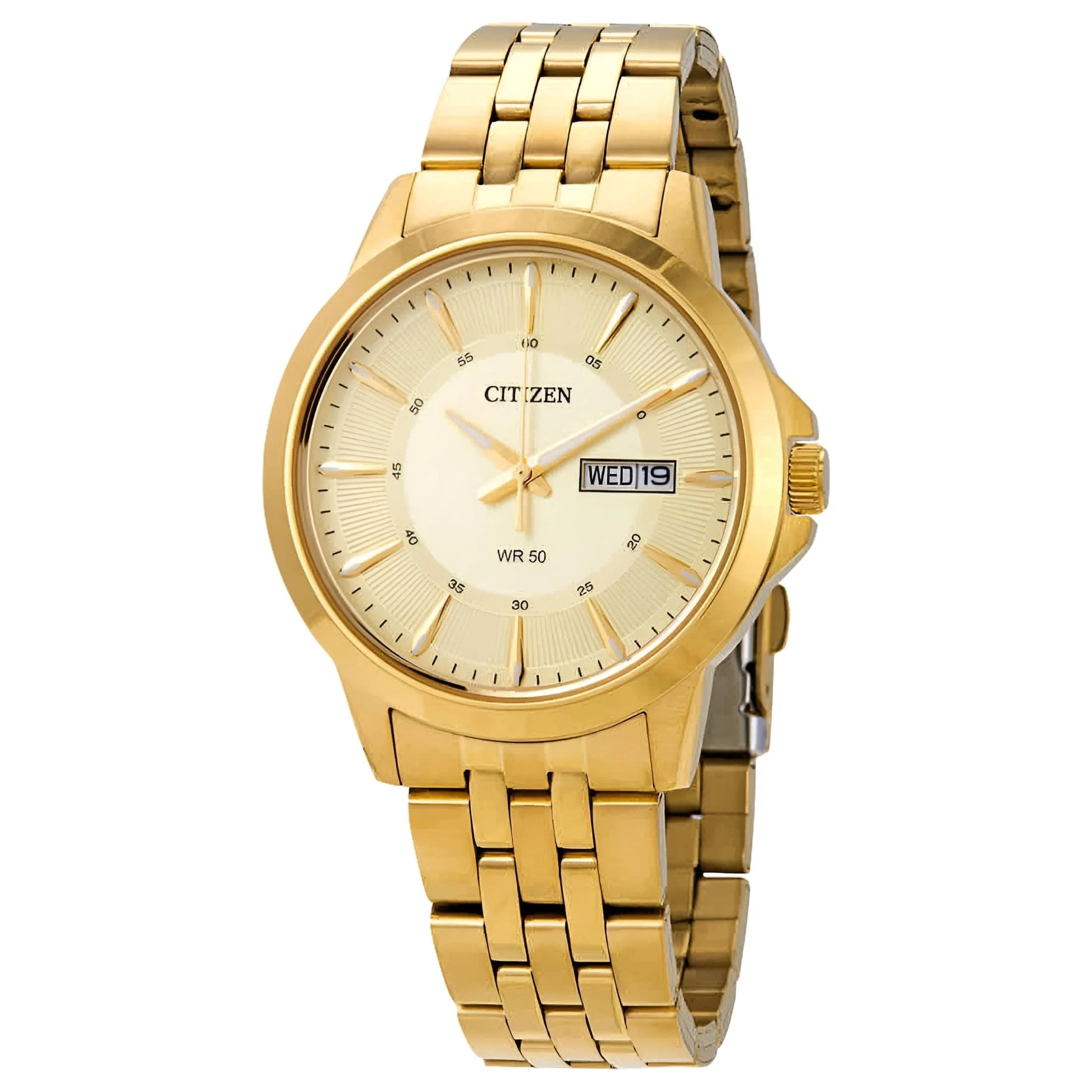 Citizen BF2013-56P dress watch with gold dial, day and date display at 3 o’clock, gold-tone stainless steel case and gold-tone bracelet.
