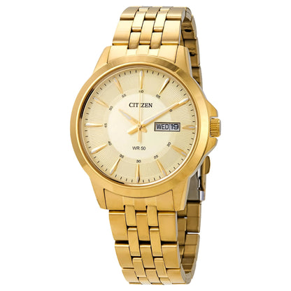 Citizen BF2013-56P dress watch with gold dial, day and date display at 3 o’clock, gold-tone stainless steel case and gold-tone bracelet.