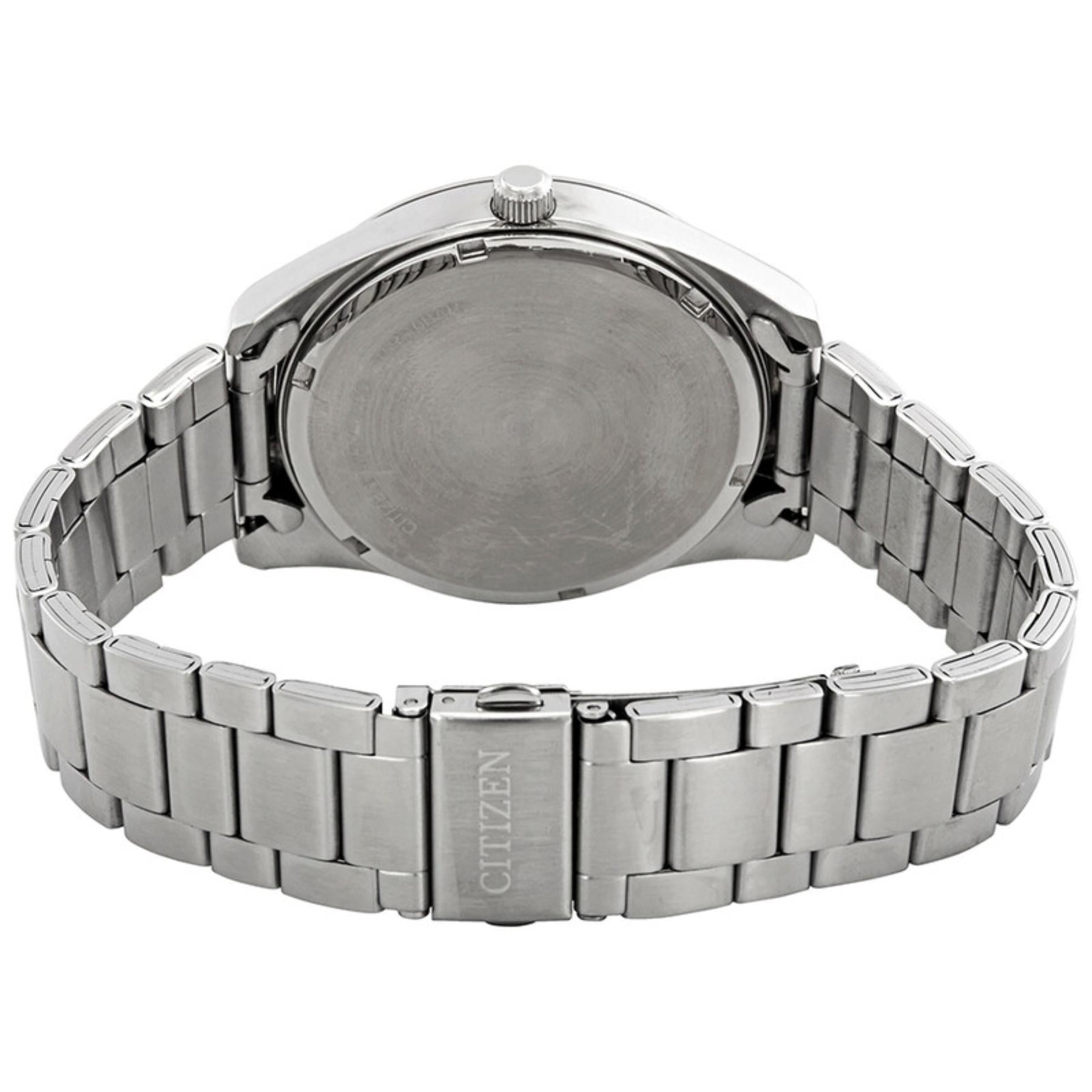 Citizen BI1030-53A rear view showing stainless steel caseback and bracelet with fold over clasp and Citizen logo