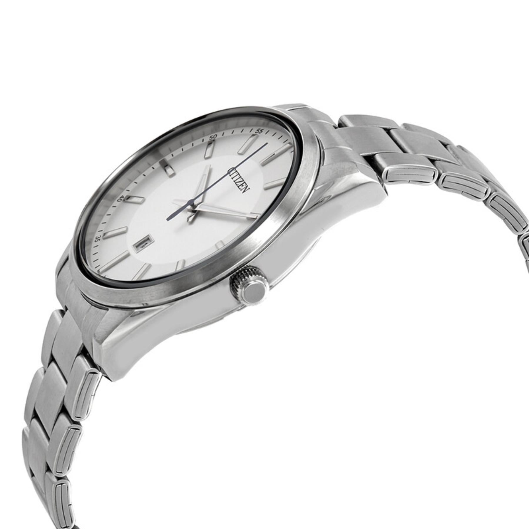 Citizen BI1030-53A mens watch angled side view showing slim stainless steel case, crown and bracelet with minimalist dial design