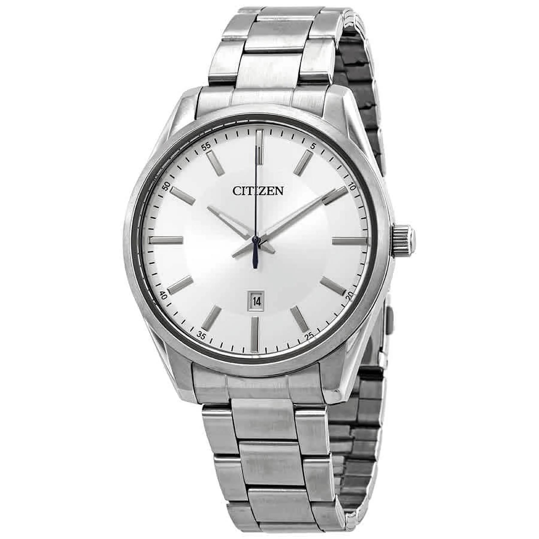 Citizen BI1030-53A mens dress watch front view with silver dial, date window and stainless steel bracelet in clean classic design