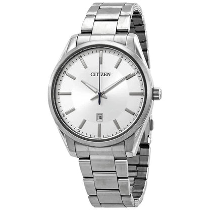 Citizen BI1030-53A mens dress watch front view with silver dial, date window and stainless steel bracelet in clean classic design