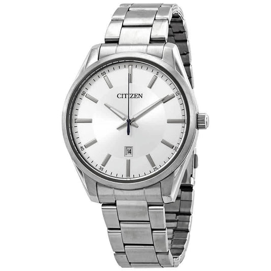 Citizen BI1030-53A mens dress watch front view with silver dial, date window and stainless steel bracelet in clean classic design
