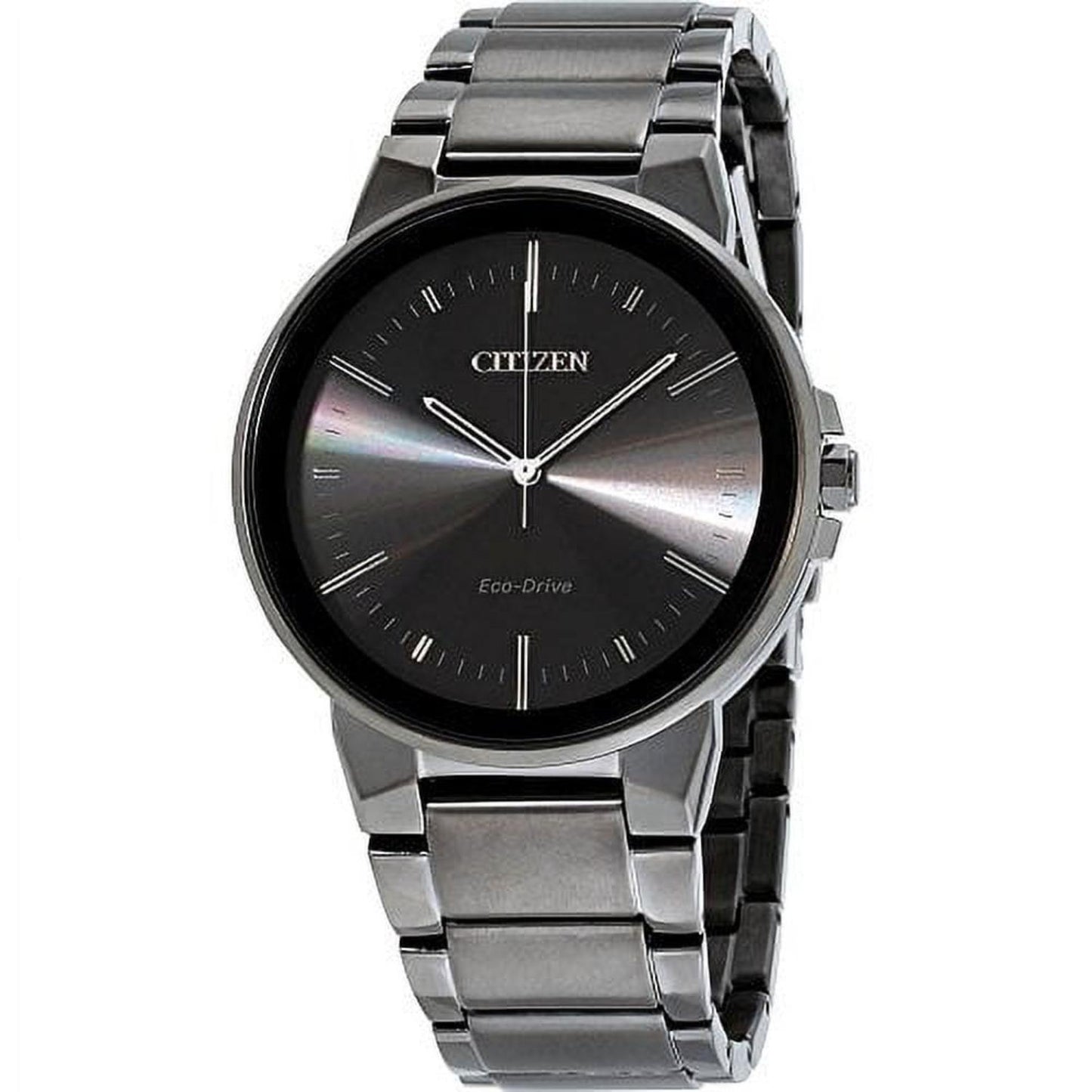 Citizen BJ6517-52E Eco-Drive dress watch with black dial, slim case and gray ion plated stainless steel bracelet with minimalist analog design