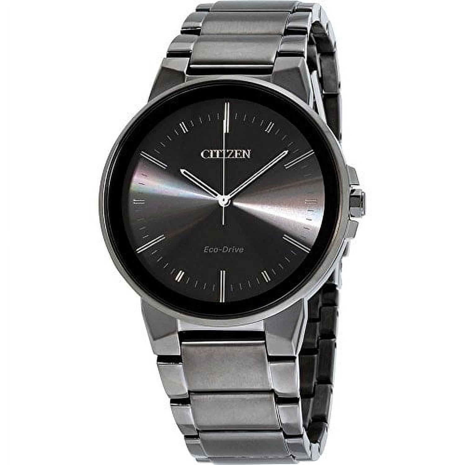 Citizen BJ6517-52E Eco-Drive dress watch with black dial, slim case and gray ion plated stainless steel bracelet with minimalist analog design