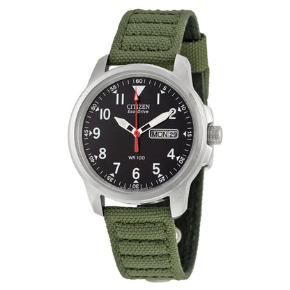 Citizen BM8180-03E with black dial, white Arabic numerals, day-date display, stainless steel case, and green nylon strap.