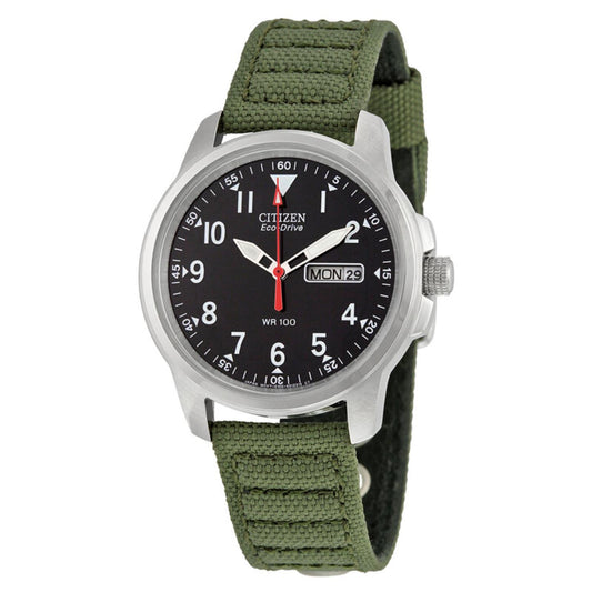 Citizen BM8180-03E with black dial, white Arabic numerals, day-date display, stainless steel case, and green nylon strap.