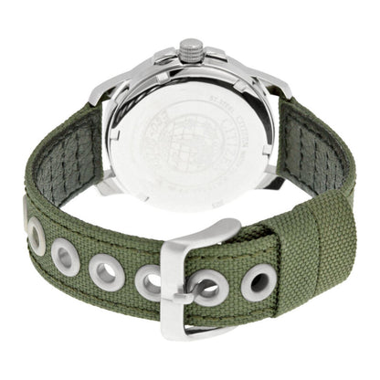 Citizen BM8180-03E with stainless steel caseback, side crown, green nylon strap, snap fasteners, and silver-tone buckle closure.