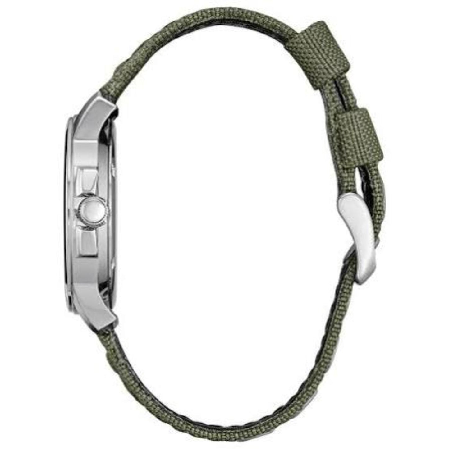 Citizen BM8180-03E with side profile stainless steel case, side crown, green nylon strap, strap keepers, and silver-tone buckle closure.