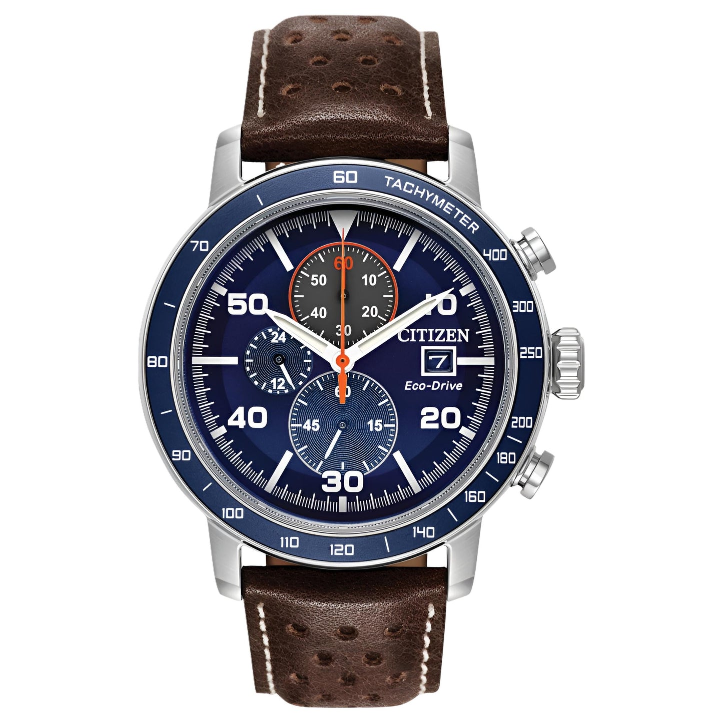 Citizen CA0648-09L Eco-Drive chronograph with blue dial, three subdials, tachymeter bezel, stainless steel case and brown perforated leather strap.