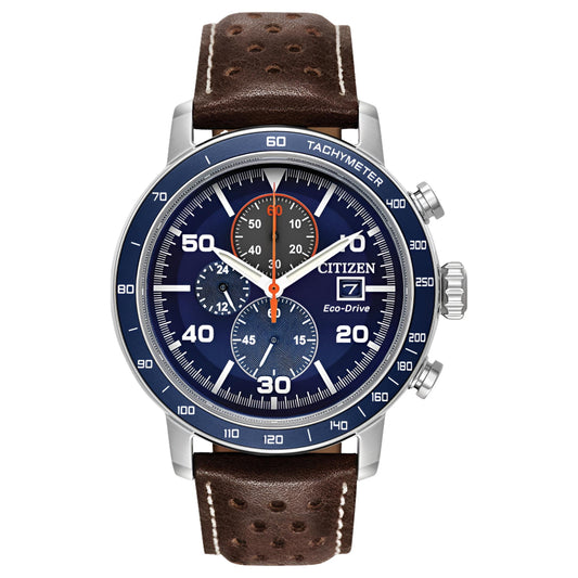 Citizen CA0648-09L Eco-Drive chronograph with blue dial, three subdials, tachymeter bezel, stainless steel case and brown perforated leather strap.