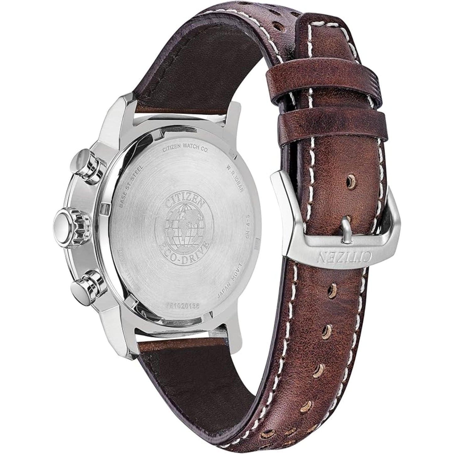 Citizen CA0648-09L with stainless steel caseback engraving, chronograph pushers and crown, and brown perforated leather strap with contrast stitching.