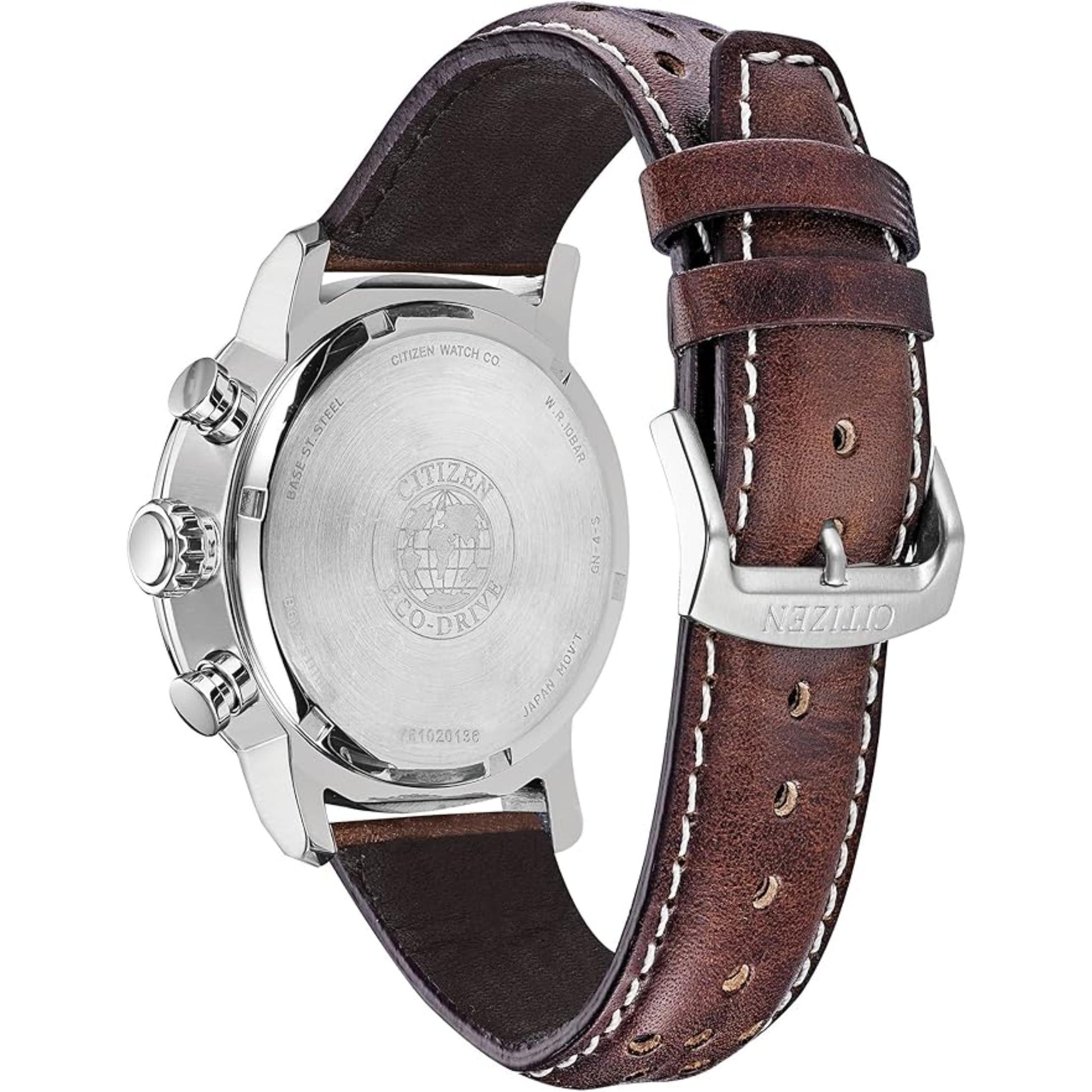 Citizen CA0648-09L with stainless steel caseback engraving, chronograph pushers and crown, and brown perforated leather strap with contrast stitching.