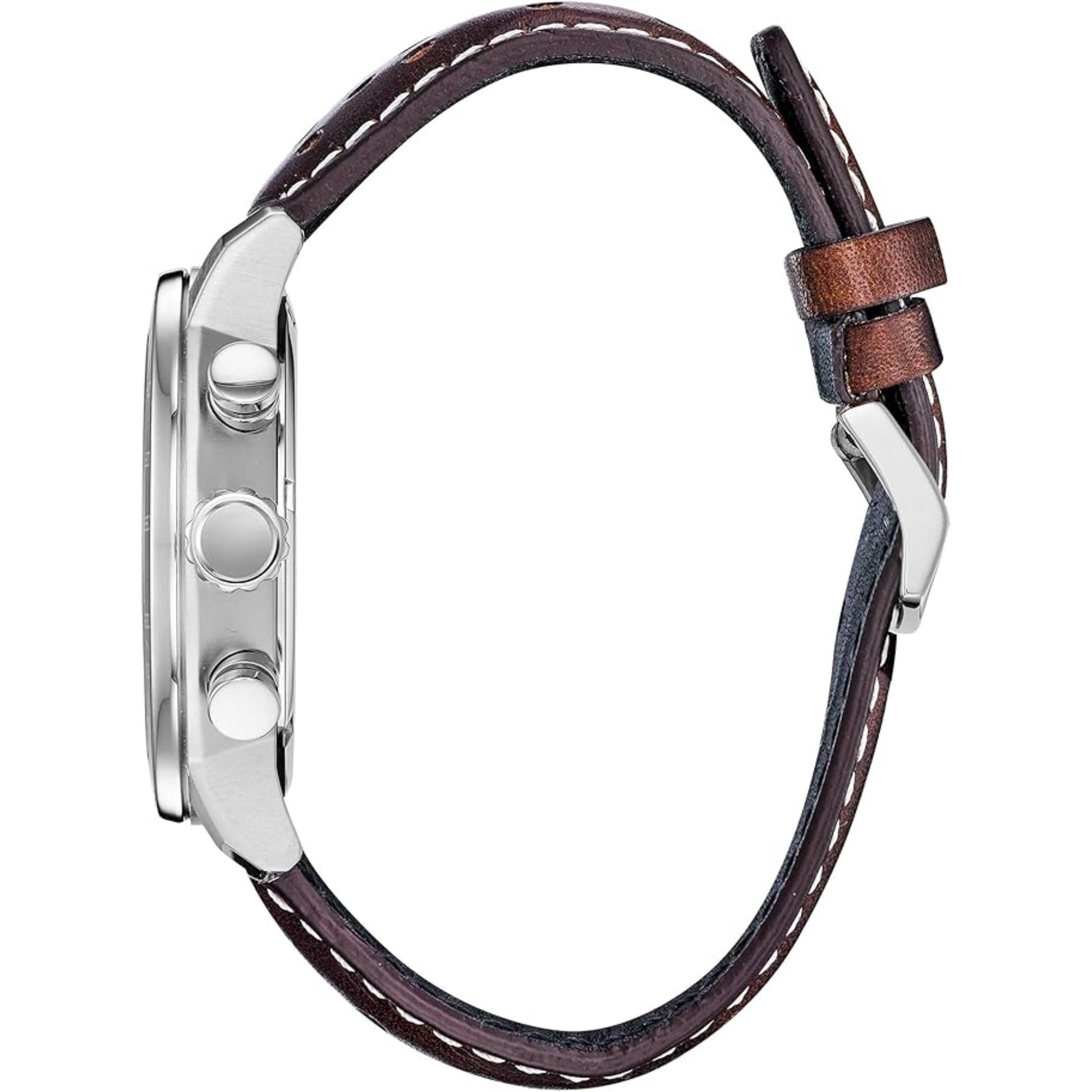 Citizen CA0648-09L side profile with stainless steel case, crown and chronograph pushers, and brown leather strap with contrast stitching.