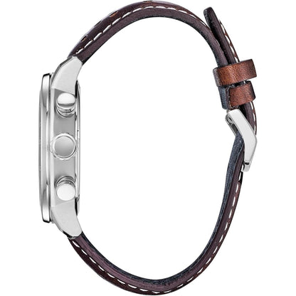 Citizen CA0648-09L side profile with stainless steel case, crown and chronograph pushers, and brown leather strap with contrast stitching.