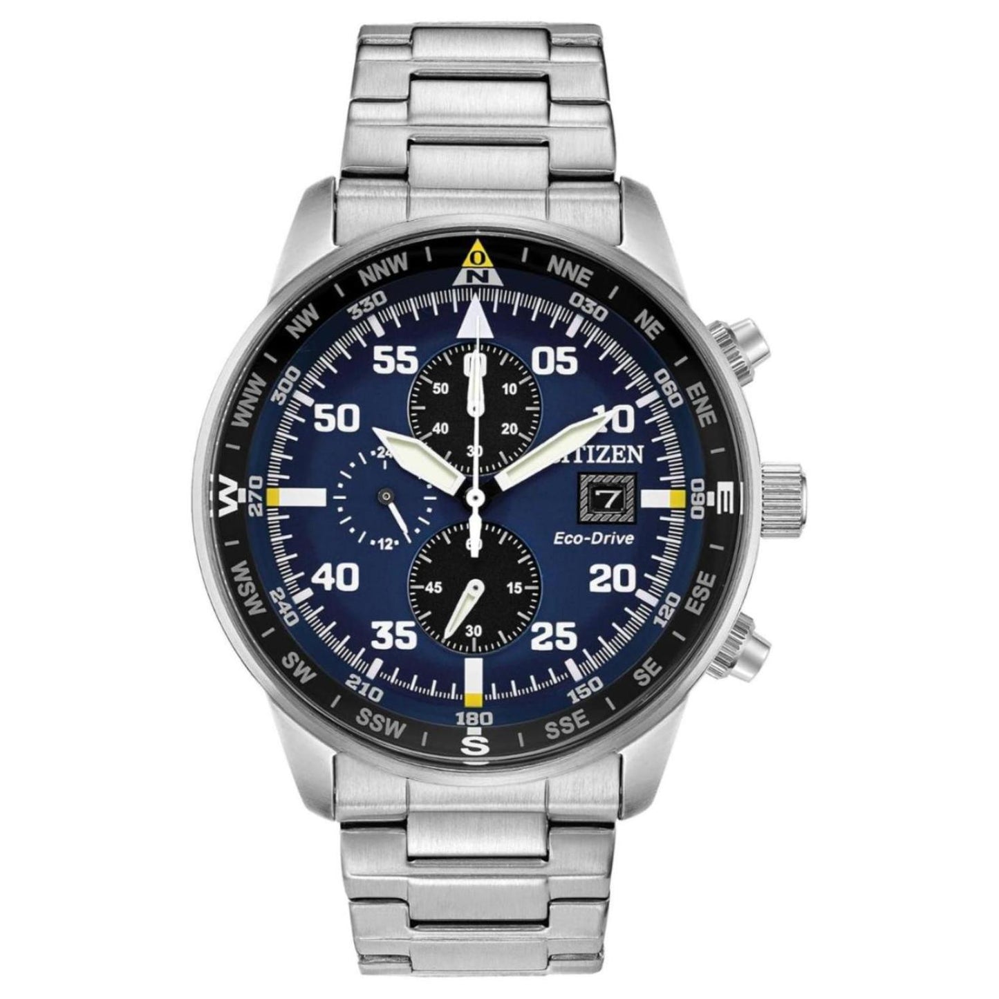 reloj Citizen CA0690-88L con esfera azul, cronógrafo de tres subesferas, indicación de fecha y brazalete de acero inoxidable visto de frente