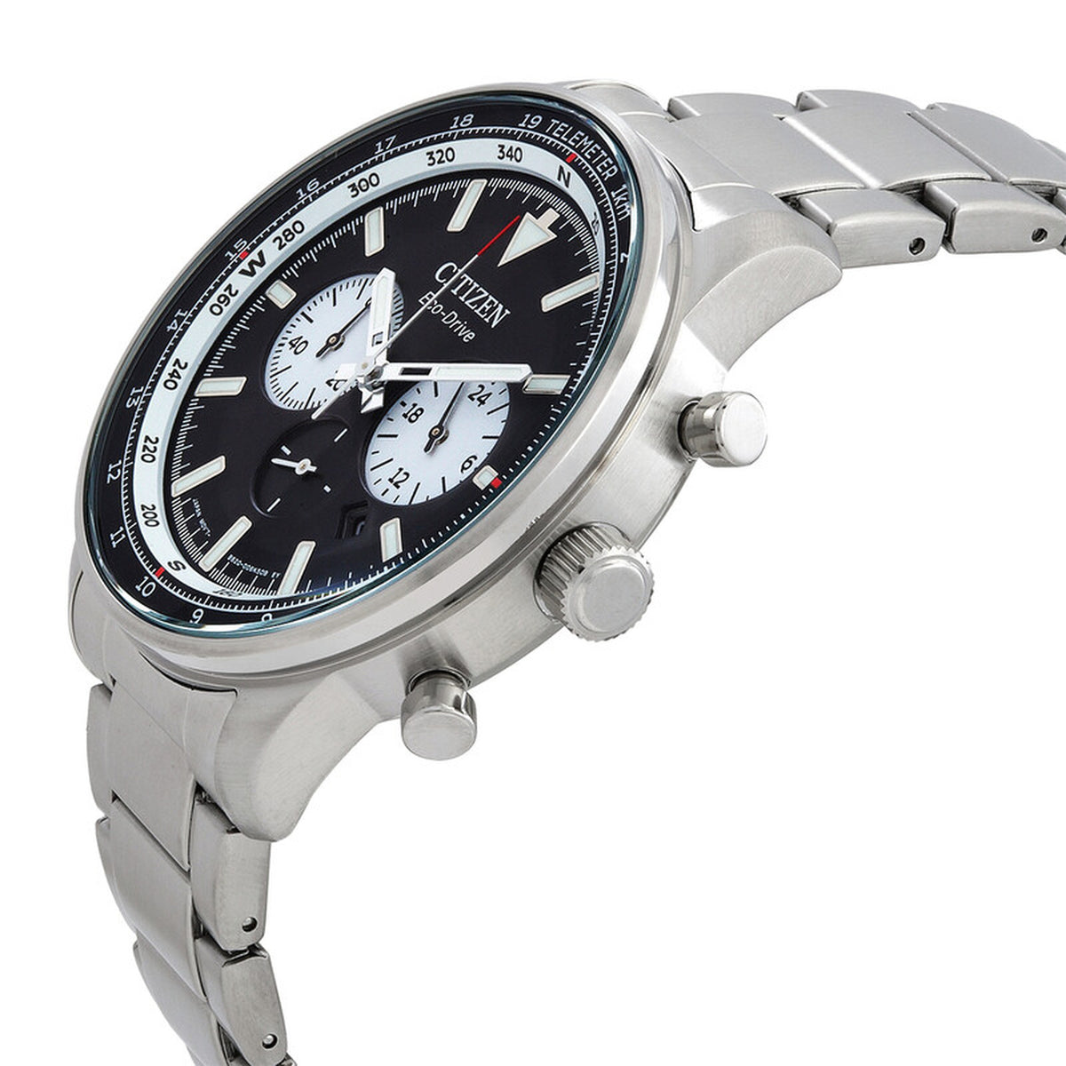 Citizen CA4500-91E Eco-Drive chronograph with a black dial, contrasting white subdials, silver-tone case, textured crown, chronograph pushers, and matching bracelet.