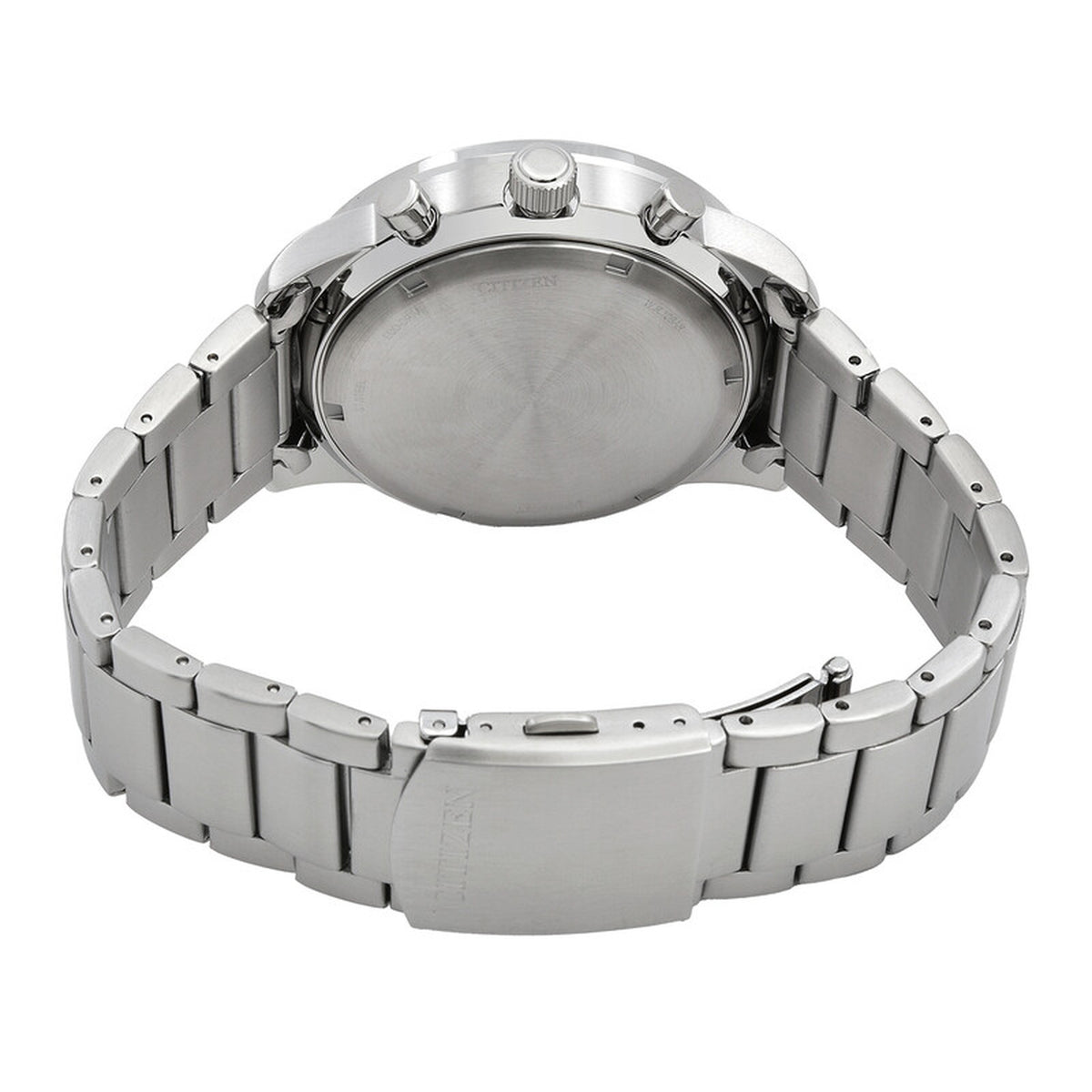 Citizen CA4500-91E Eco-Drive chronograph with a silver-tone caseback, stainless steel bracelet, and fold-over clasp with push-button release.