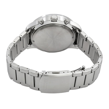 Citizen CA4500-91E Eco-Drive chronograph with a silver-tone caseback, stainless steel bracelet, and fold-over clasp with push-button release.