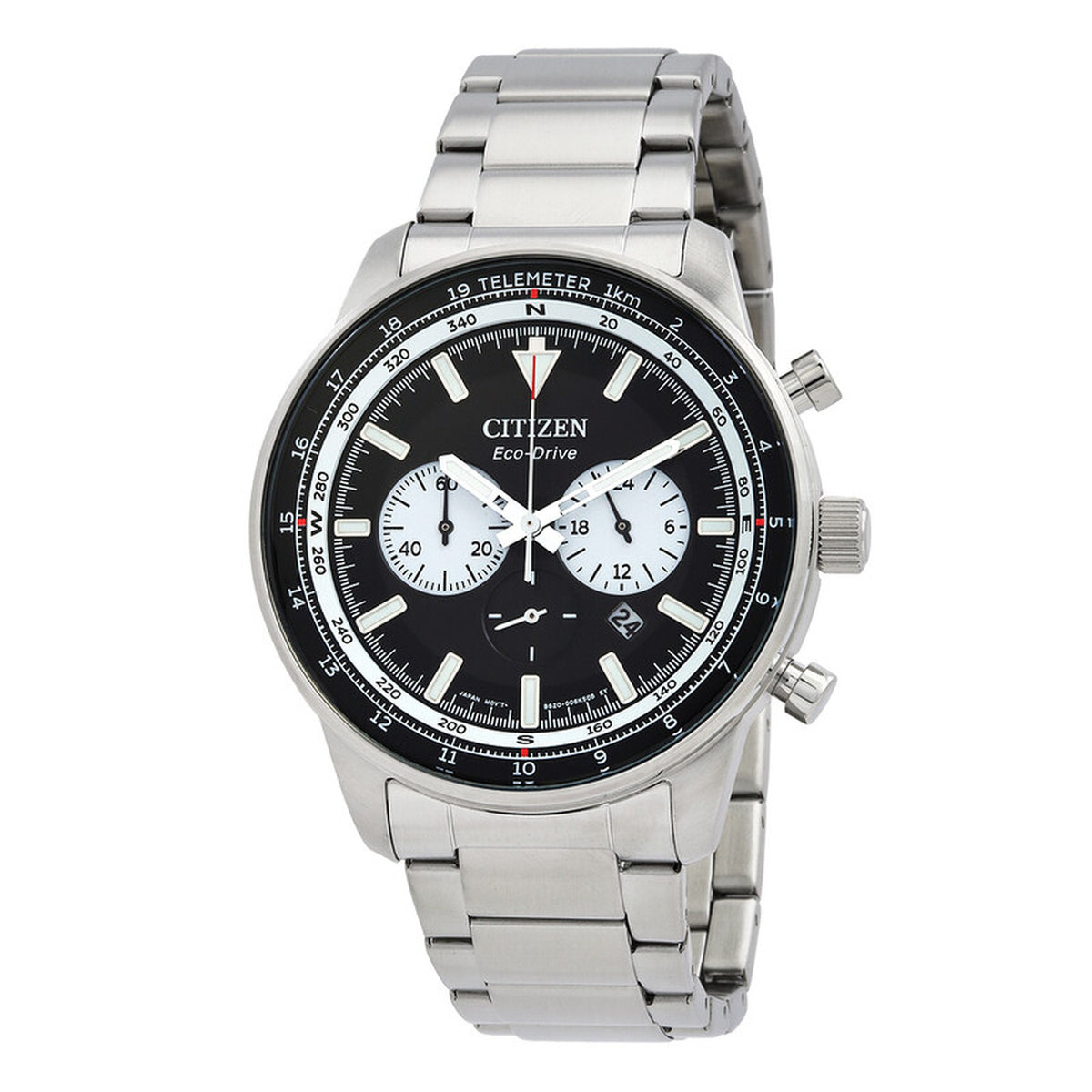 Citizen CA4500-91E Eco-Drive chronograph with a black dial, contrasting white subdials, telemeter scale, silver-tone case, and matching bracelet.