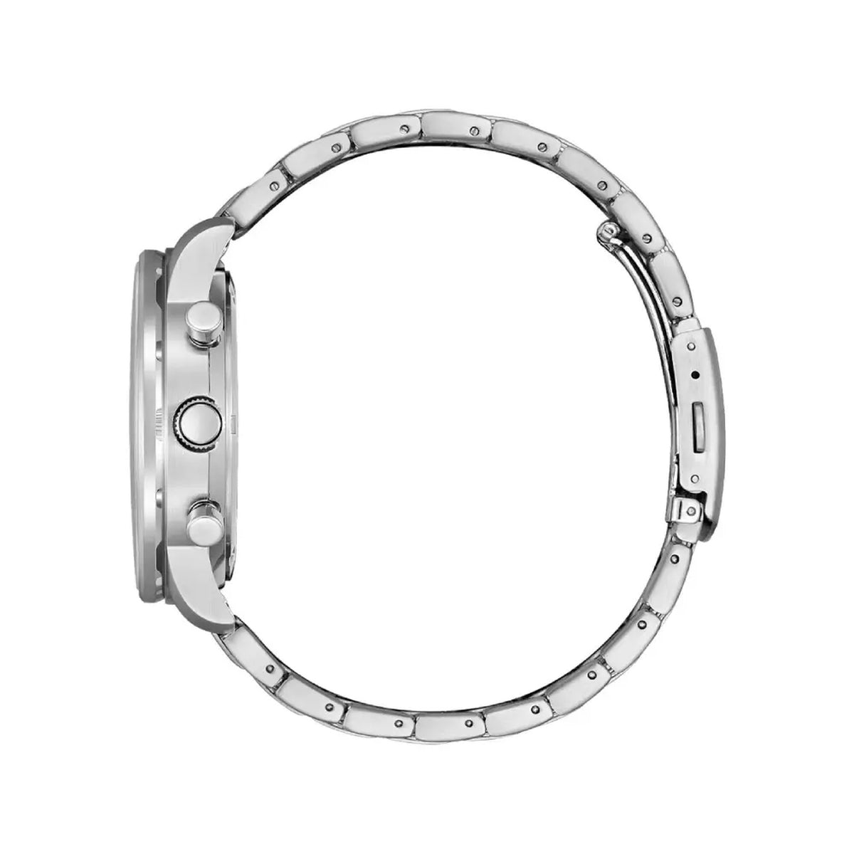 Citizen CA4500-91E Eco-Drive chronograph with a slim silver-tone side profile, textured crown, chronograph pushers, and stainless steel bracelet with fold-over clasp.