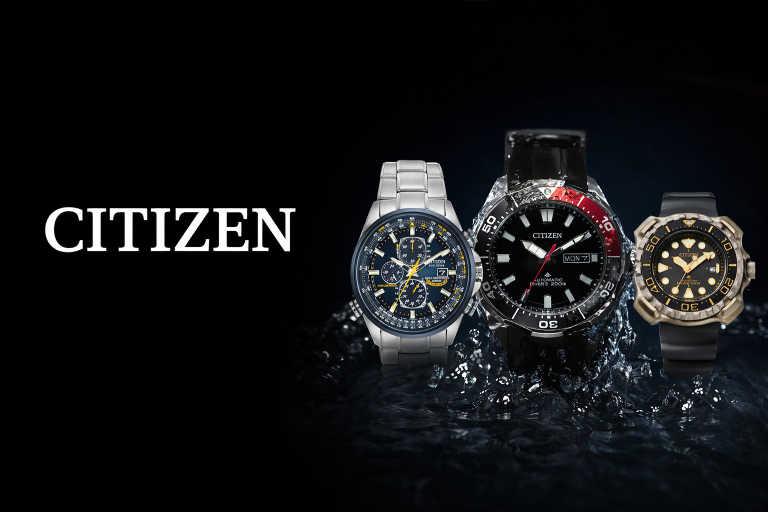 Citizen watches collection featuring diver and chronograph styles with black and blue dials, rotating bezels, stainless steel bracelets, and rubber straps