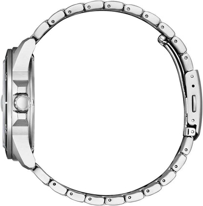 Reloj Citizen Eco-Drive de acero mostrado en vista lateral, destacando el perfil de la caja y el brazalete metálico.