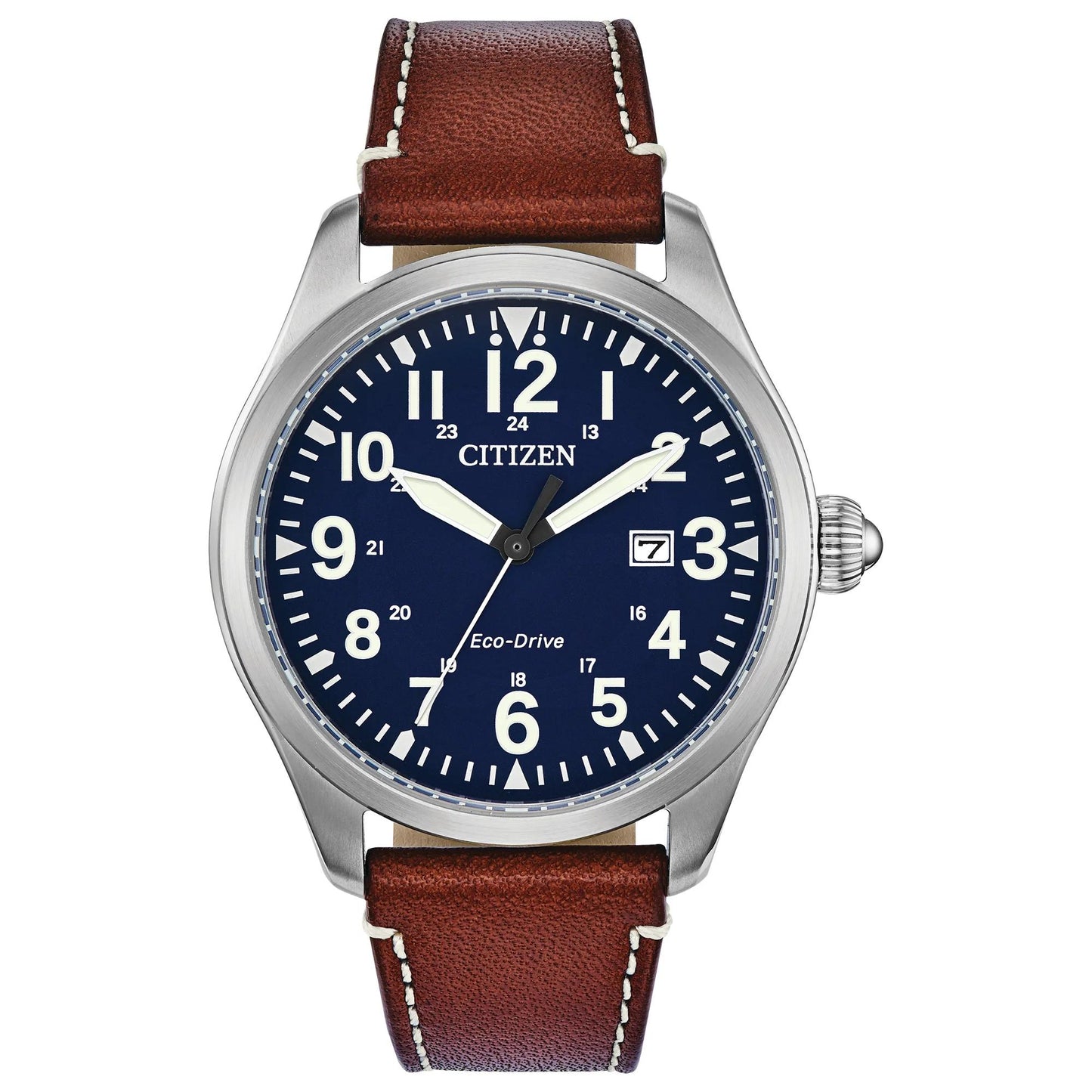Citizen Eco Drive mens field watch with blue dial, arabic numerals, date window and brown leather strap in classic military style